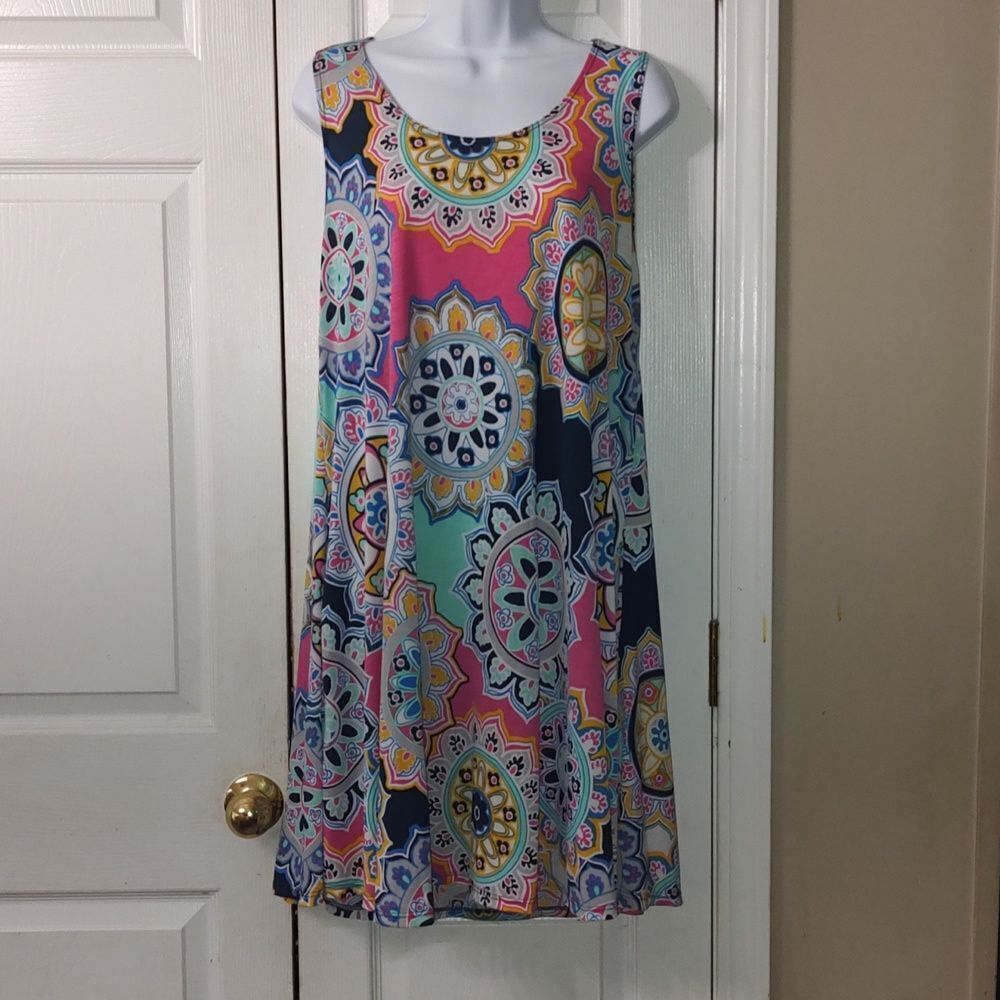 Jenny Boston mandala print sleeveless babydoll dress with pockets Sz XL